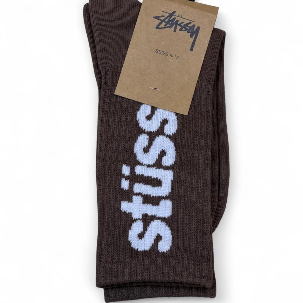 Stussy Stock Crew Socks Mens 8-13 Brown New Vertical Logo Ribbed Streetwear